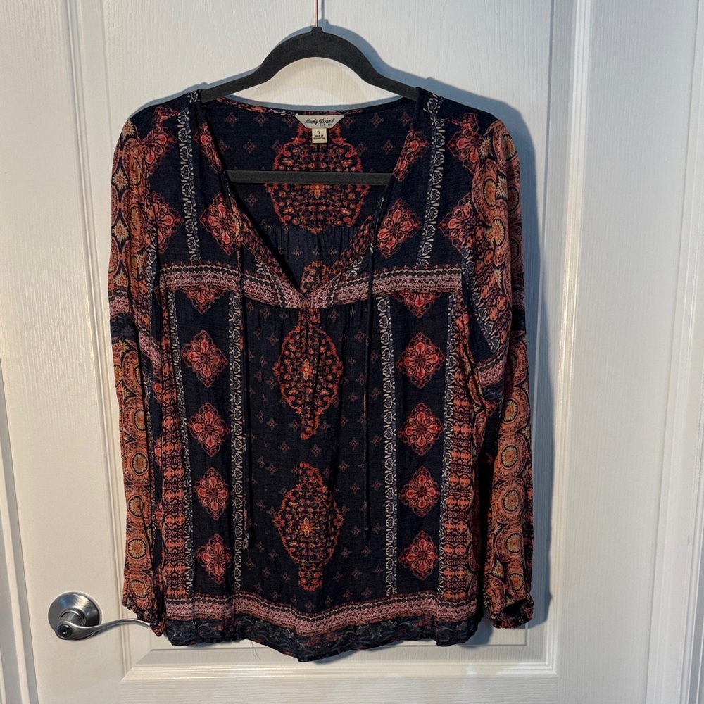 Lucky Brand Navy and Orange Bohemian Top V Neck Long Sleeve Size S